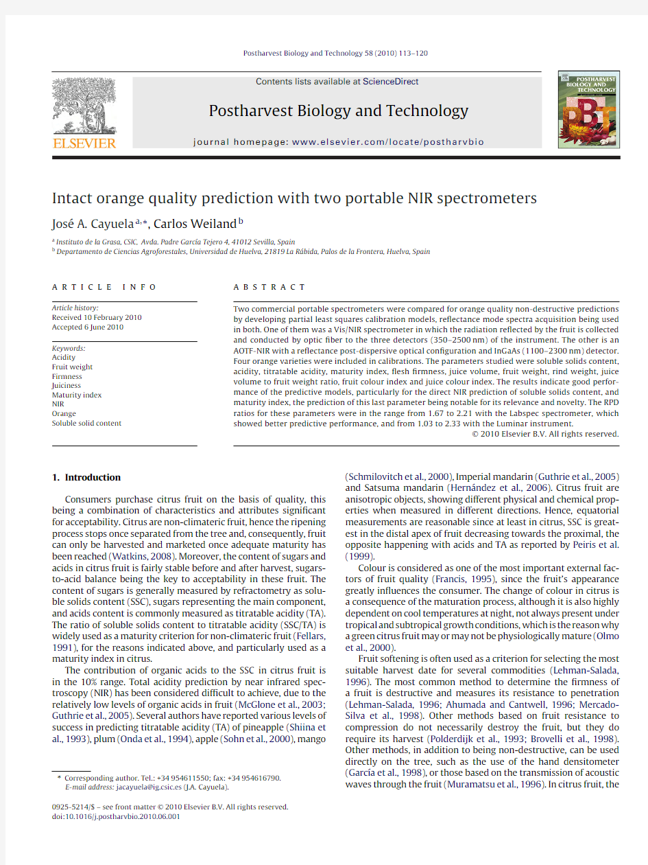 Intact orange quality prediction with two portable NIR spectrometers