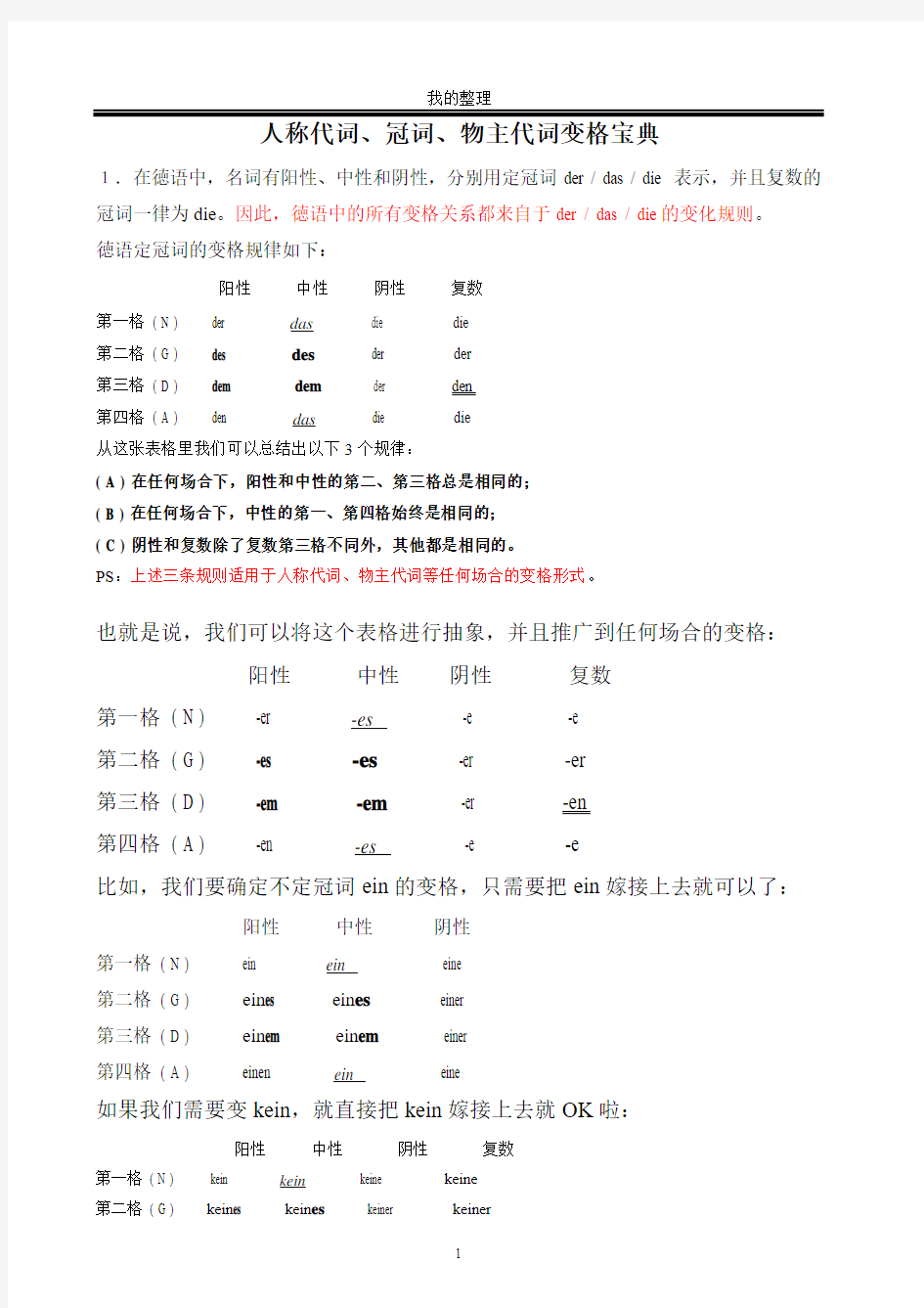 德语经典：中人称代词、物主代词等的变格