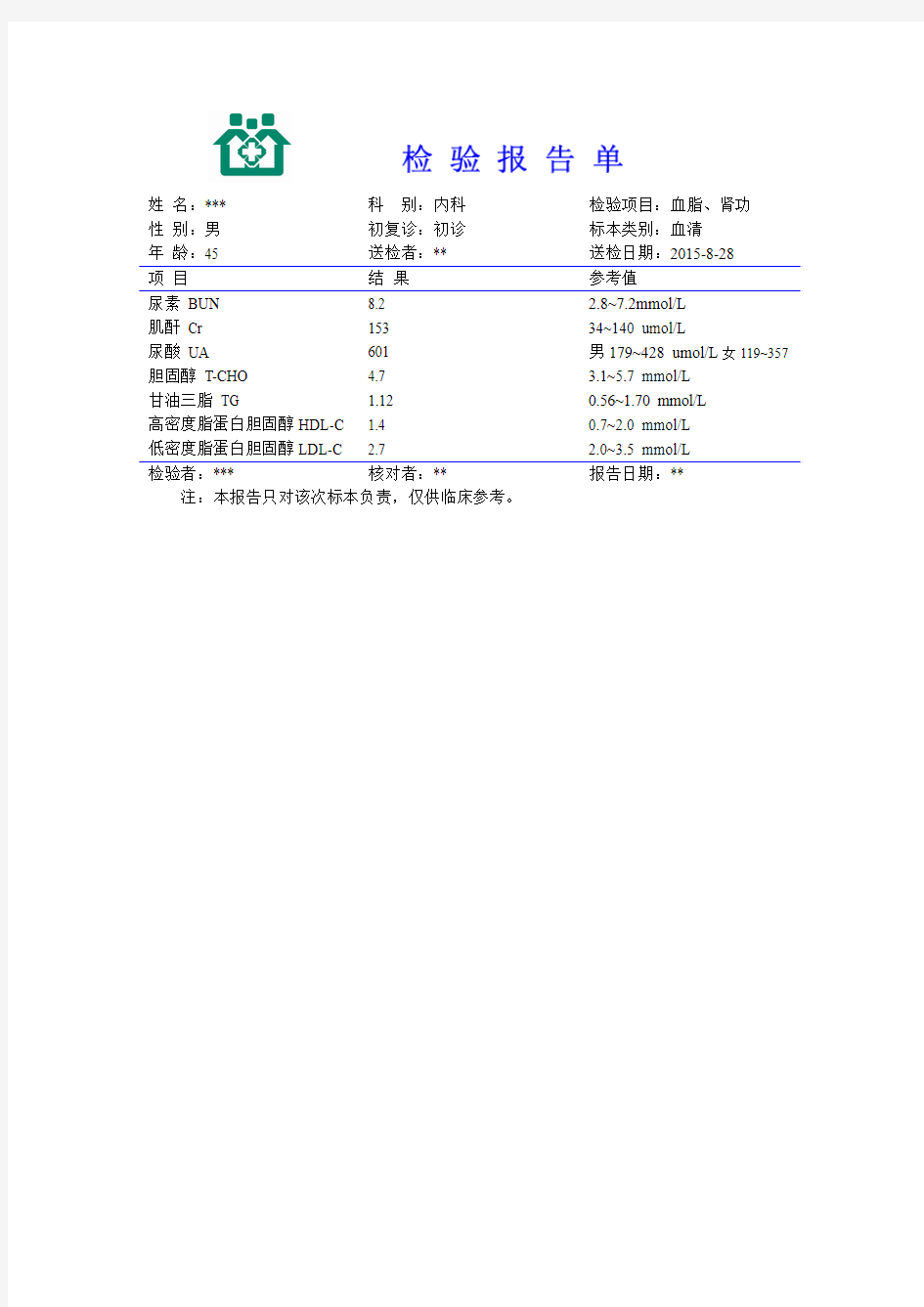 血脂、肾功检查报告