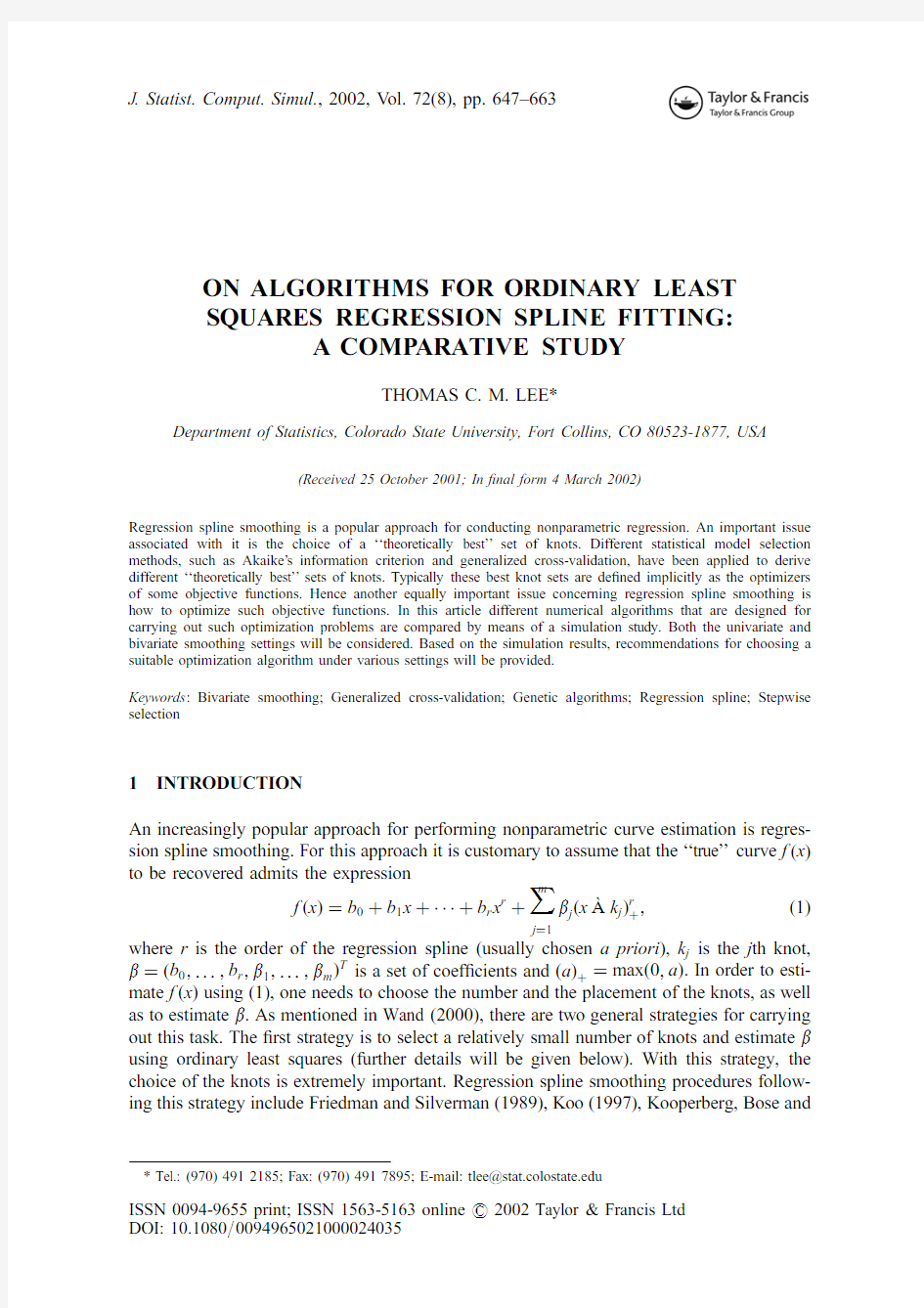 ON ALGORITHMS FOR ORDINARY LEAST SQUARES REGRESSION SPLINE FITTING A COMPARATIVE STUDY