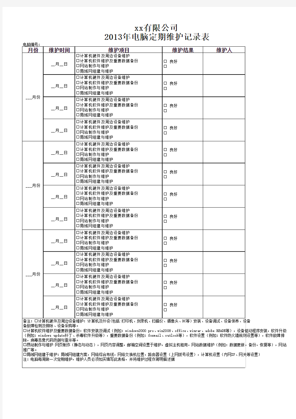 电脑定期维护记录表