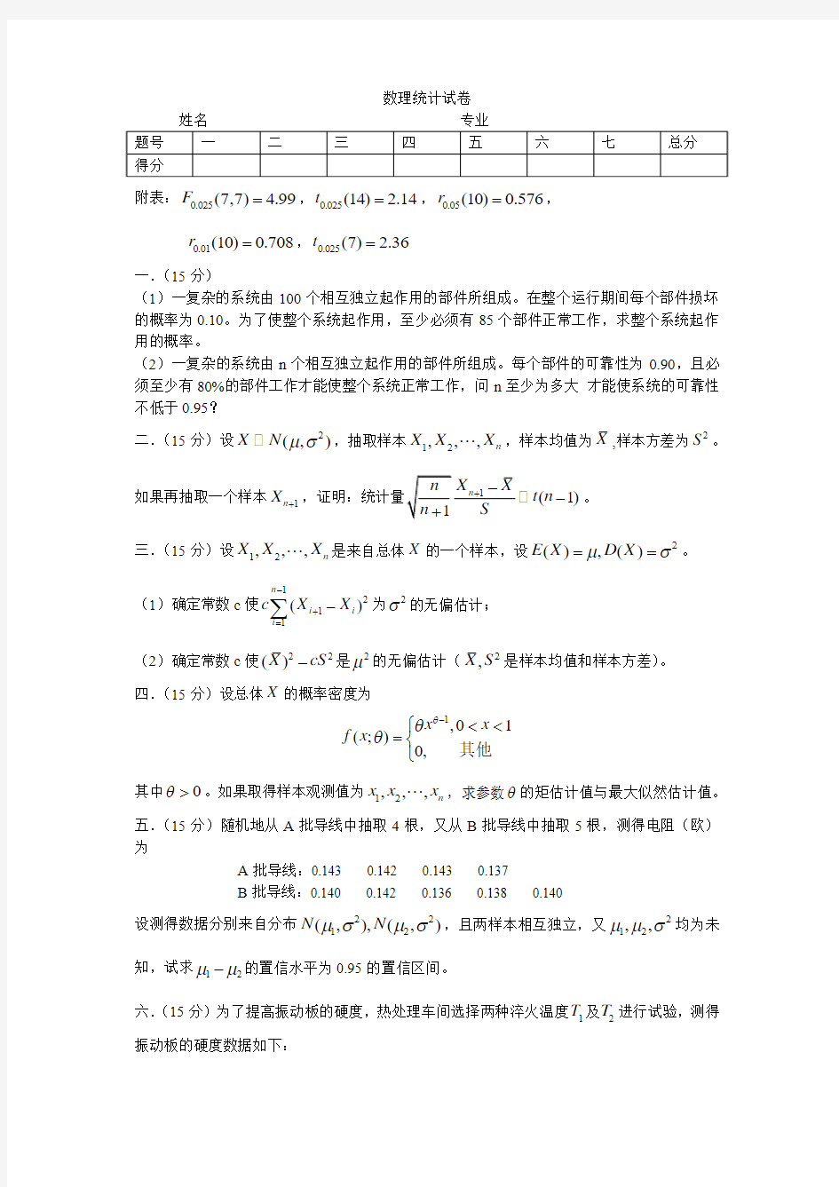 研究生数理统计试卷