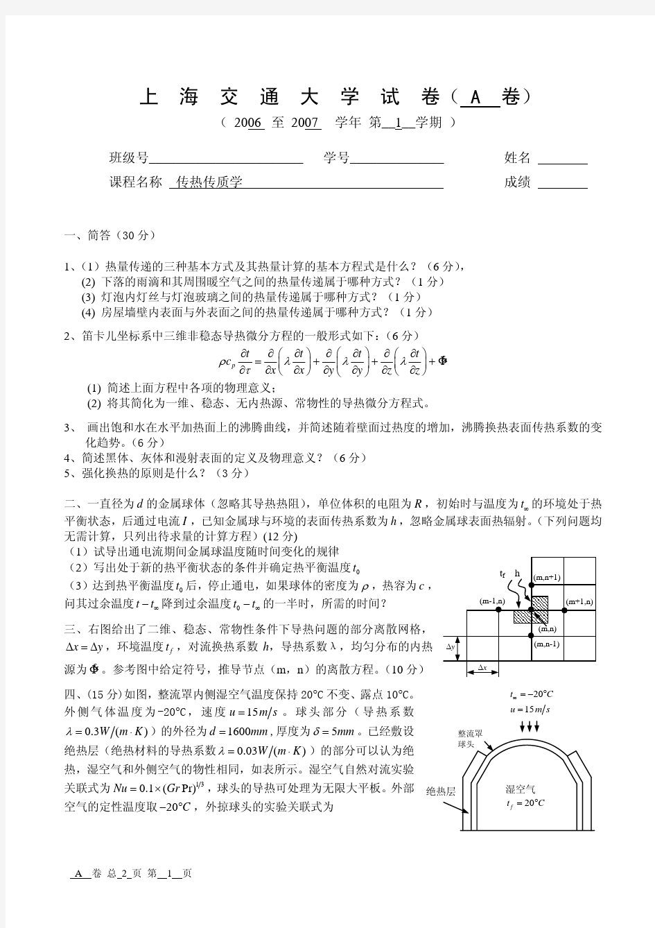 2006年上海交通大学传热学试题