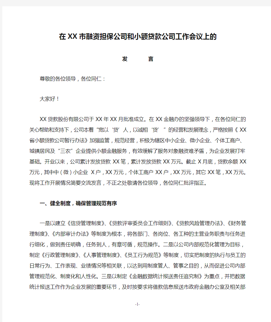 在XX市融资担保公司和小额贷款公司工作会议上的发言