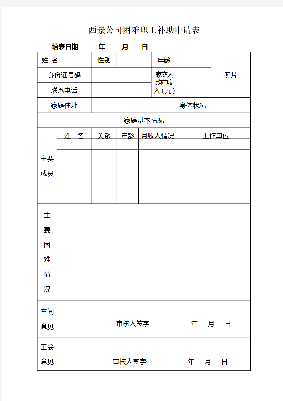 工会困难职工补助申请表