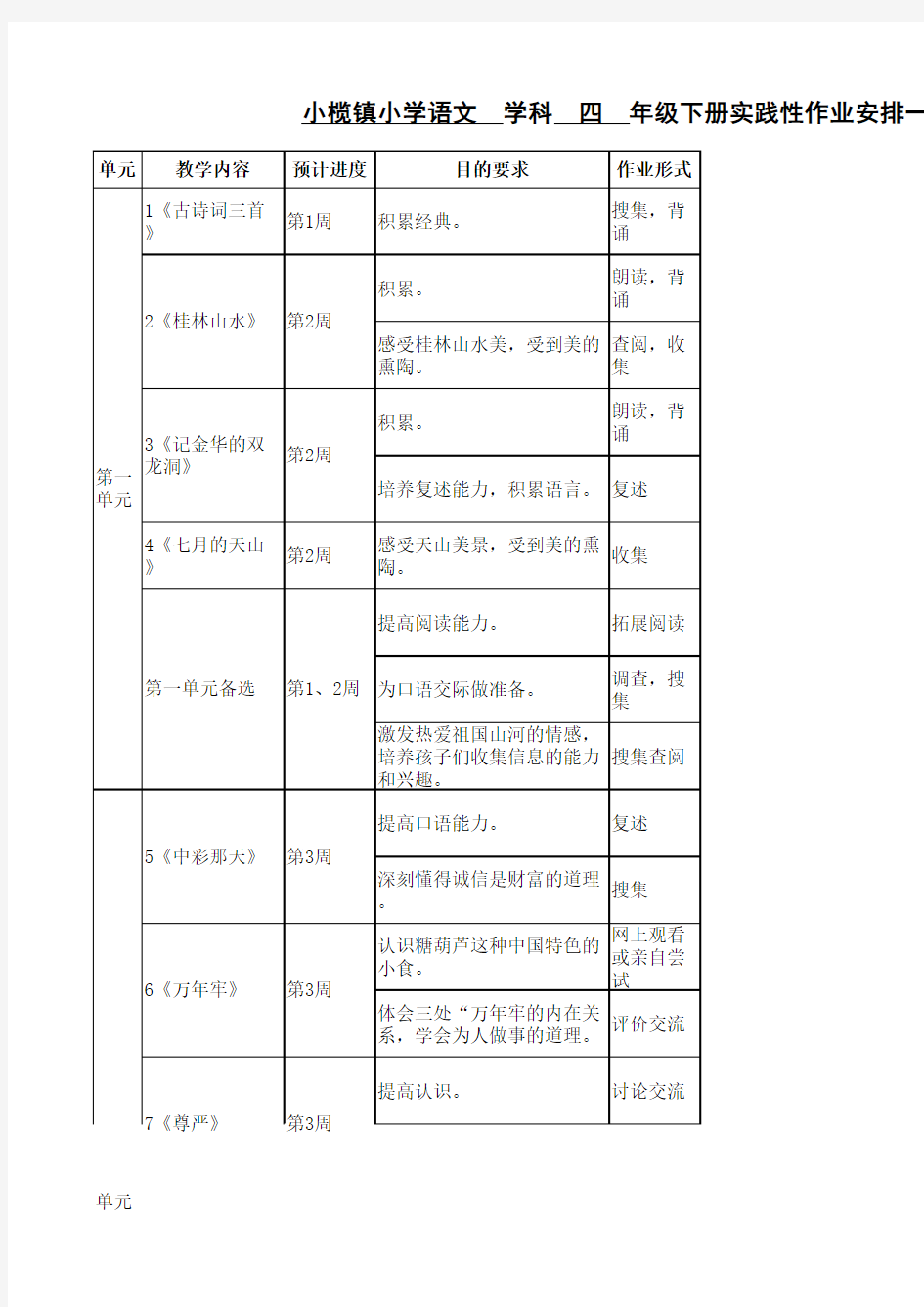 四年级下册实践性作业