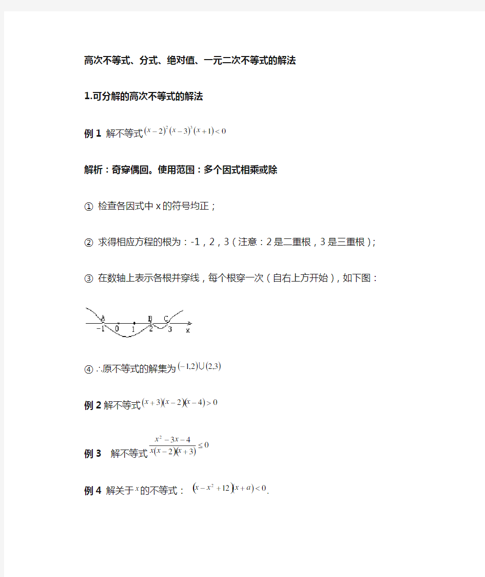 一元二次不等式、分式、绝对值、简单高次不等式的解法