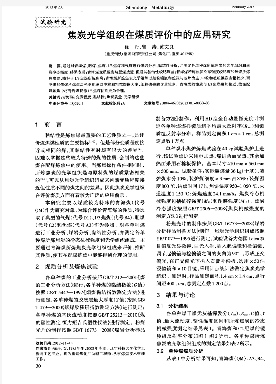 焦炭光学组织在煤质评价中的应用研究