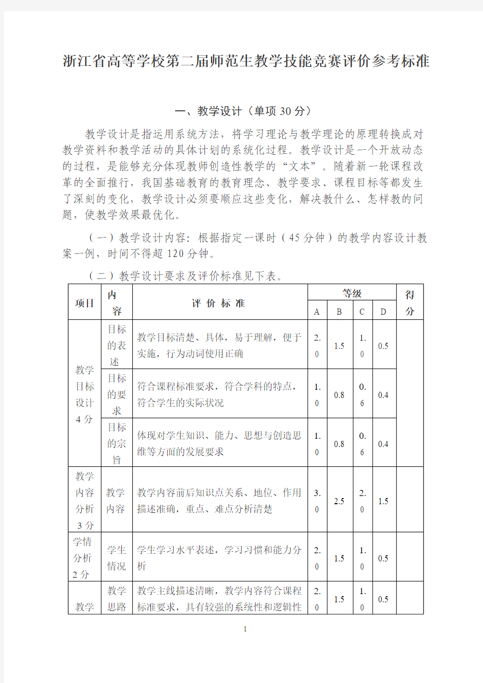 浙江省高等学校第二届师范生教学技能竞赛评价参考标准