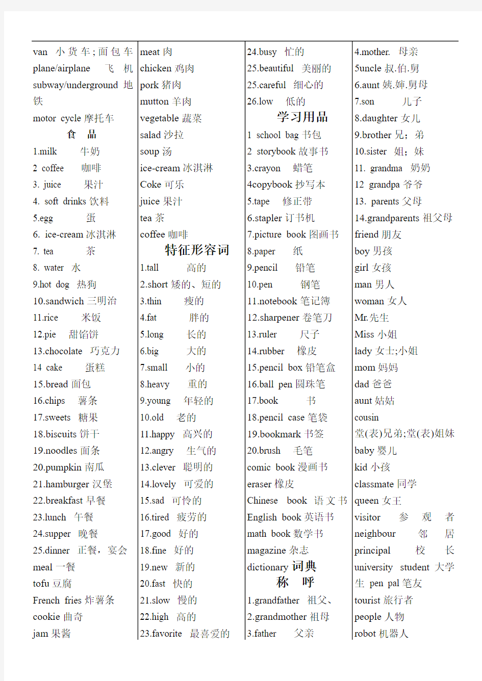 牛津小学英语单词分类表