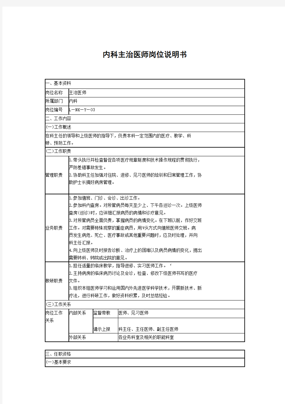 内科主治医师岗位说明书