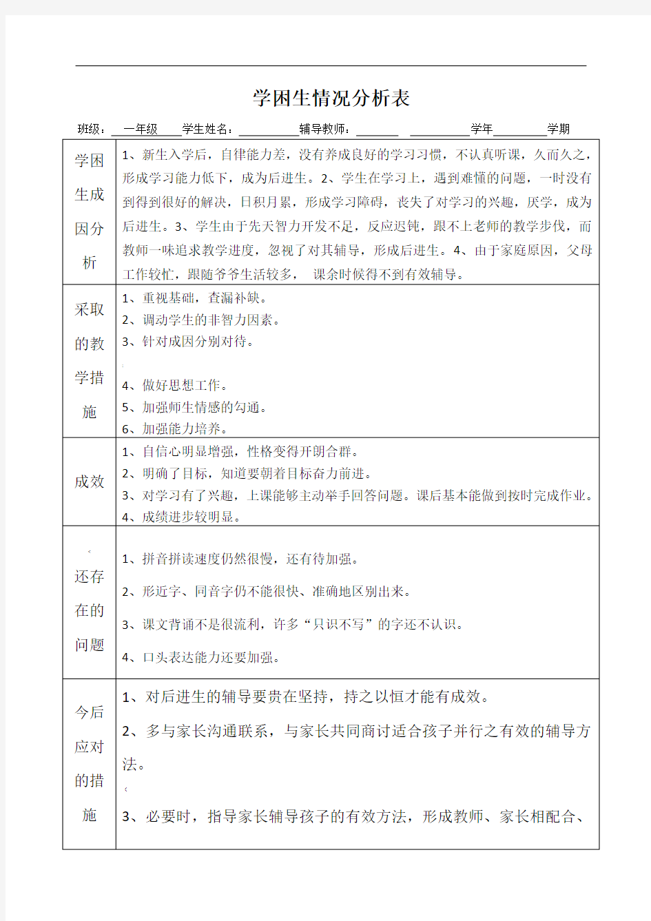 一年级学困生分析表