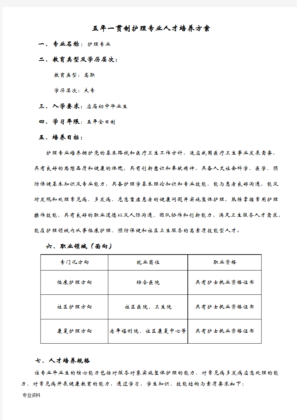 五年制护理专业人才培养方案