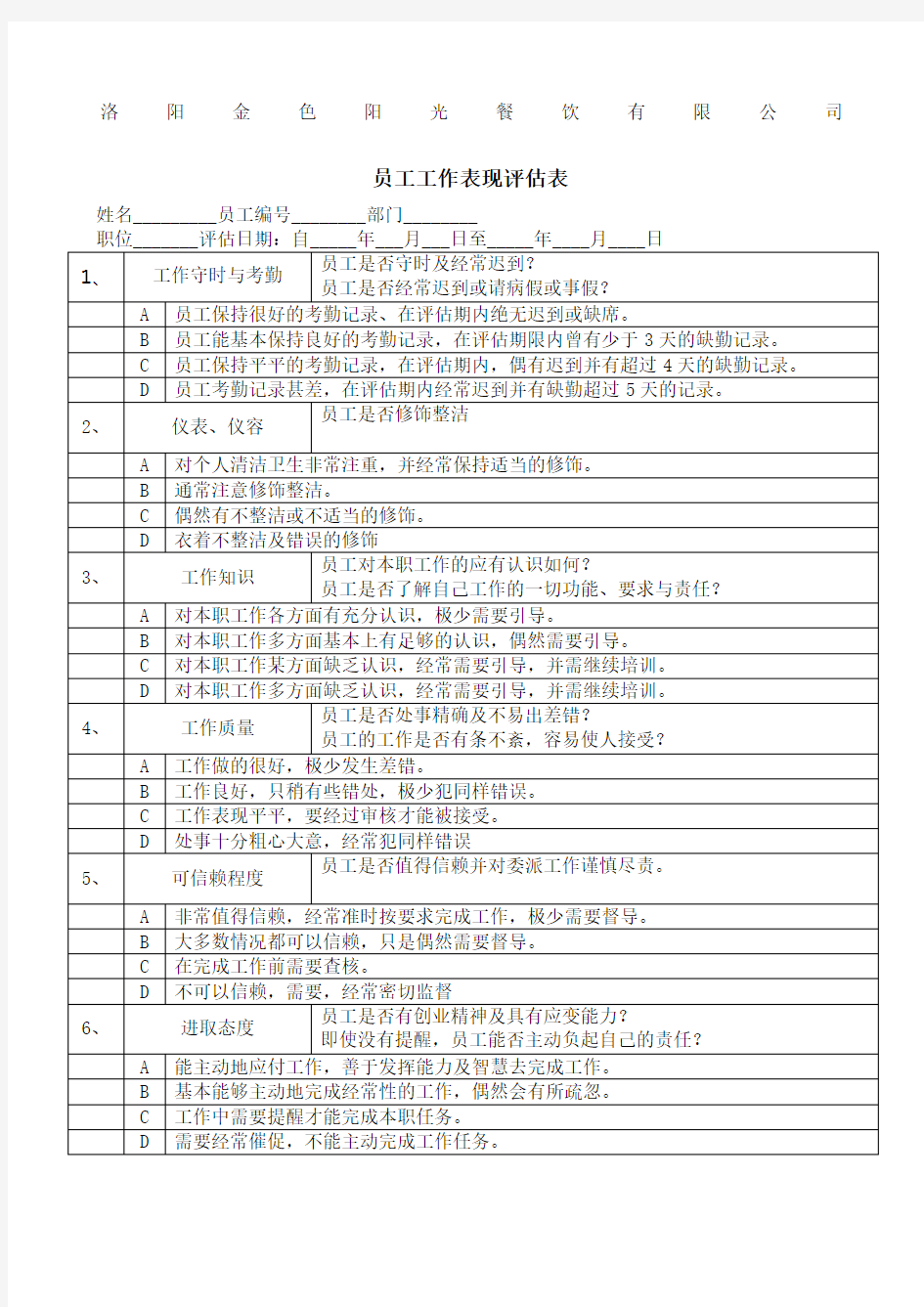 员工工作表现评估表