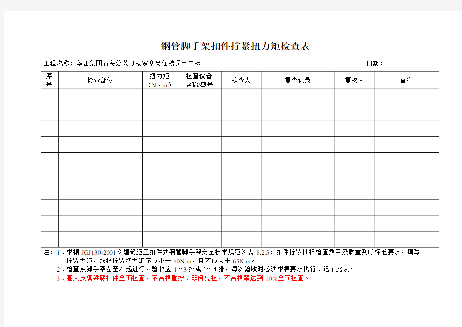 钢管脚手架扣件扭力矩检查表