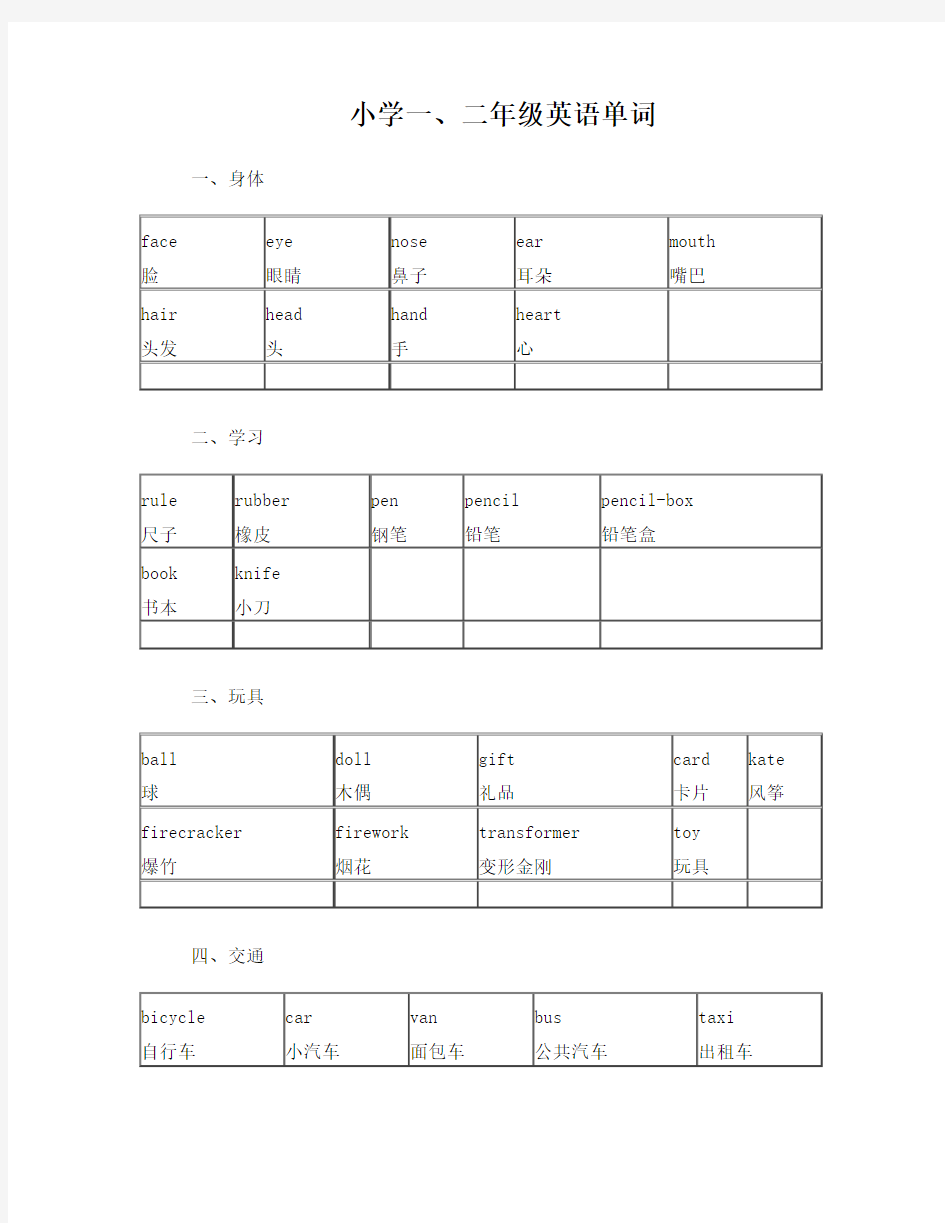 小学一、二年级英语单词