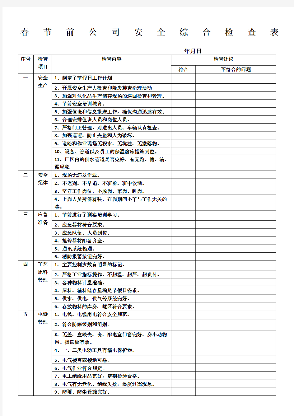 春节安全检查表