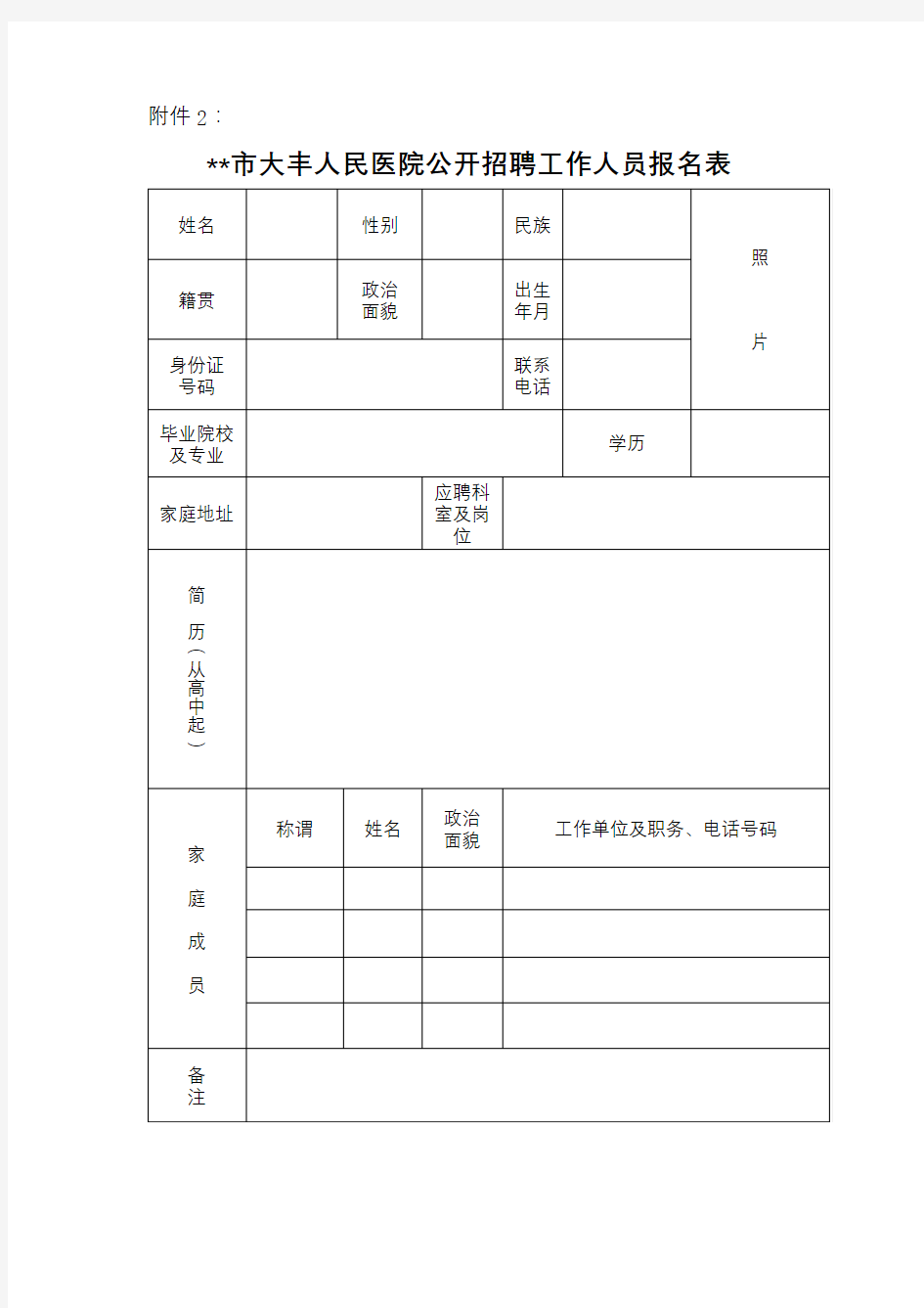 XX市大丰人民医院公开招聘工作人员报名表【模板】