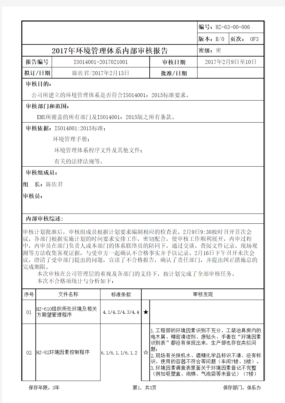 2017年环境管理体系内部审核报告