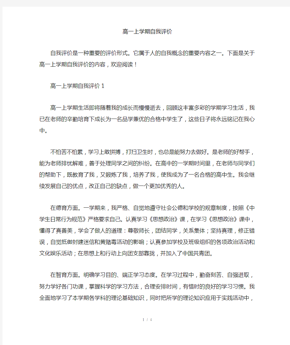 高一上学期自我评价