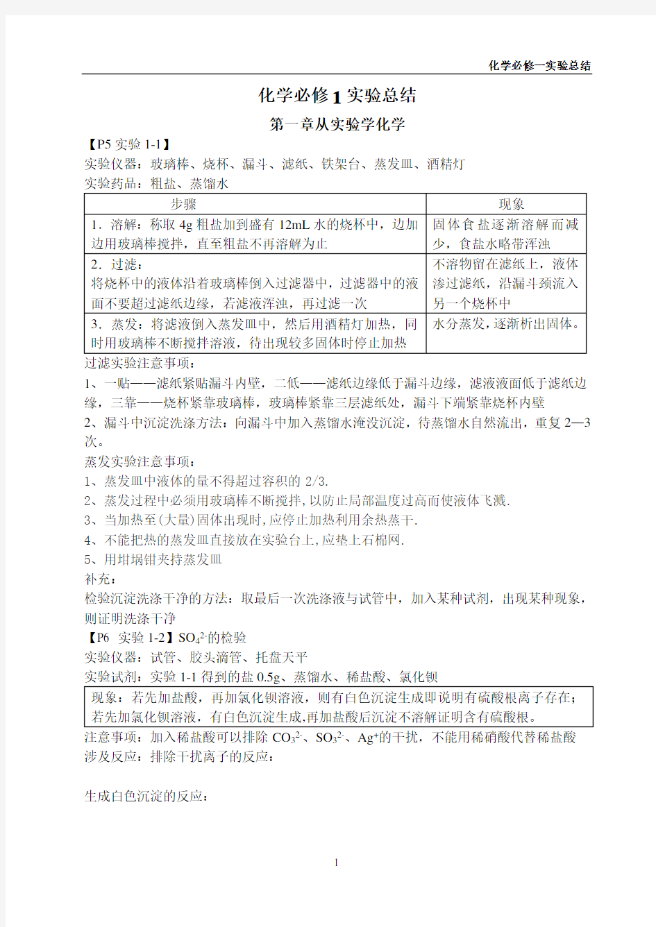 人教版高中化学必修一实验总结