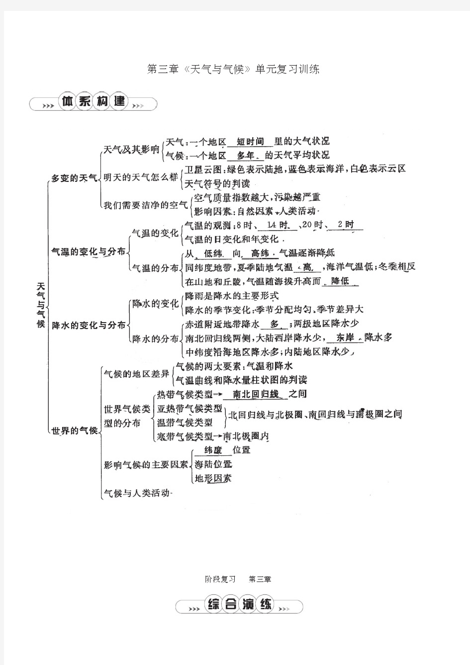 新人教版七年级地理上册第三章天气与气候单元复习训练