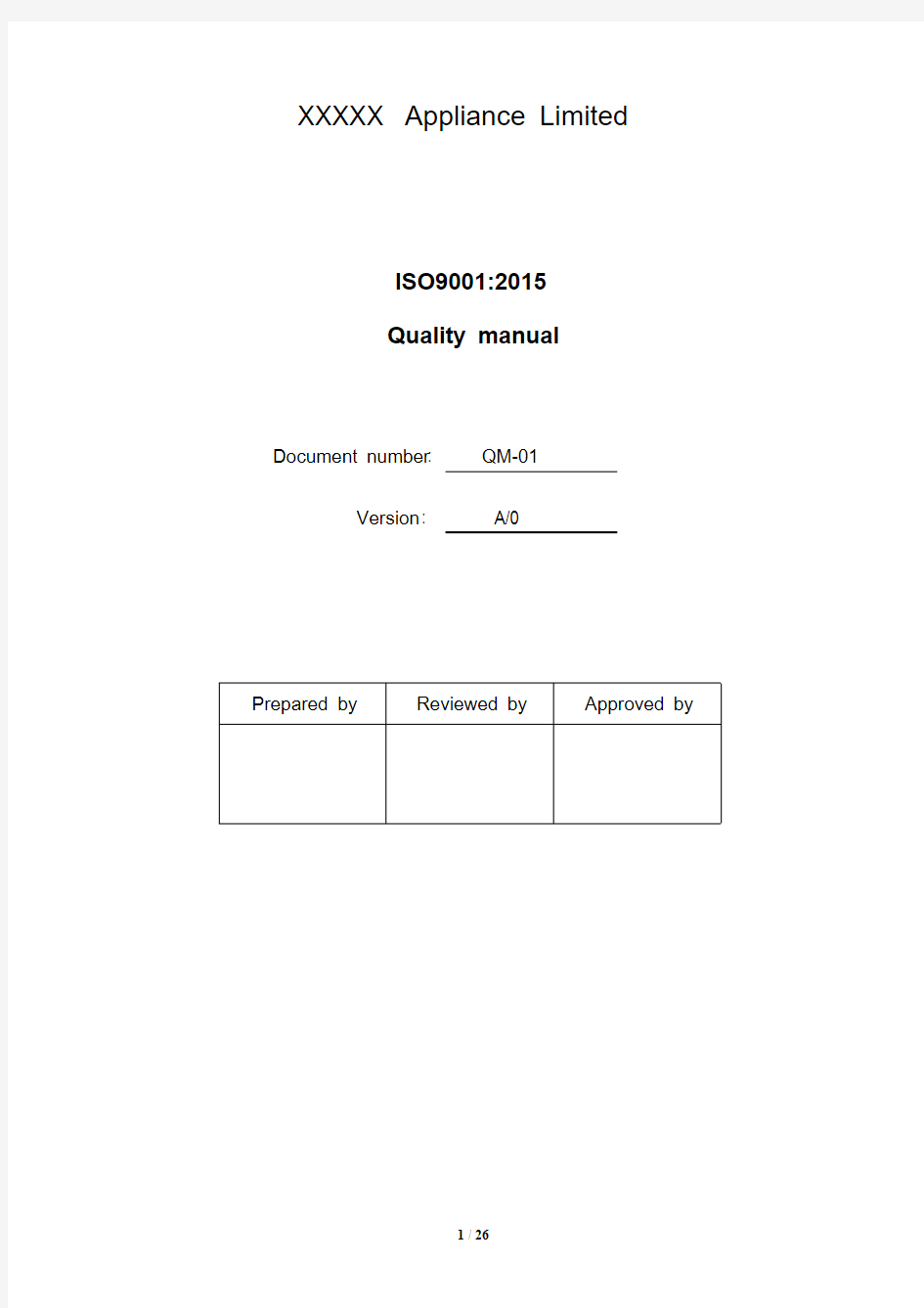 最新ISO9001：2015+3C质量手册英文版