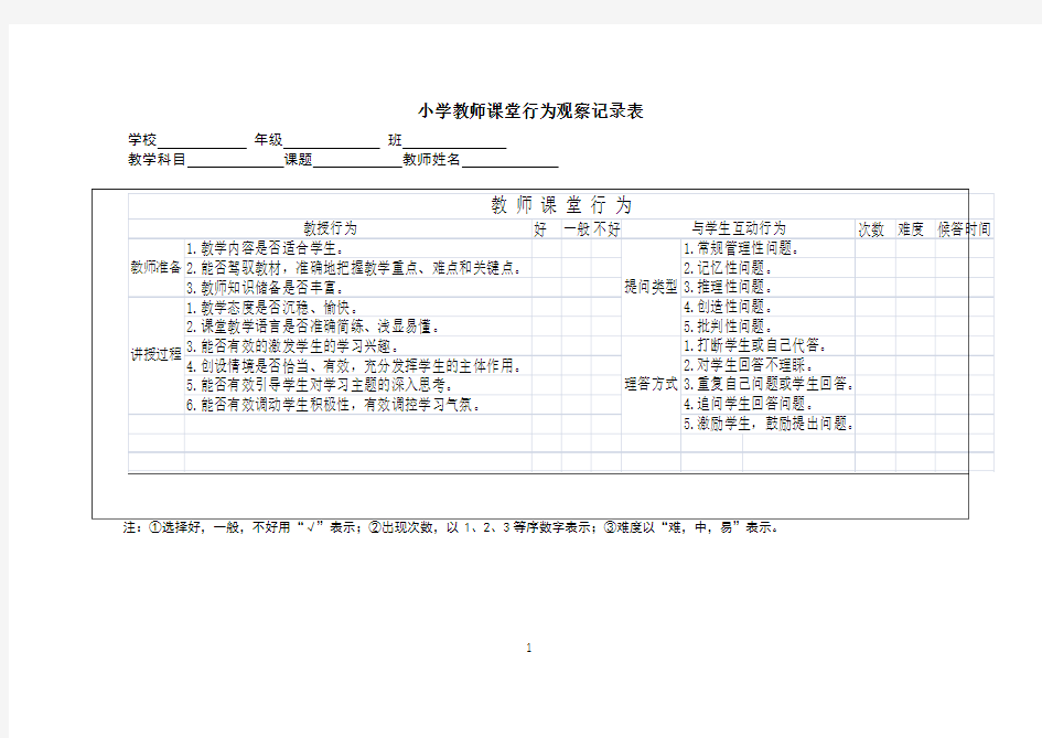 小学教师课堂行为观察记录表