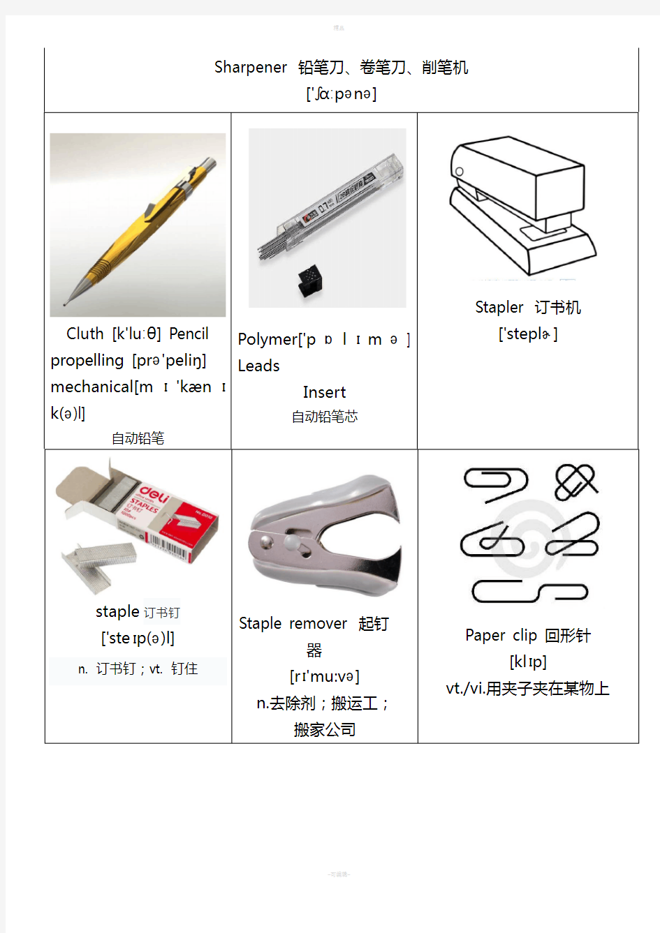 办公室英语词汇：常用文具中英文名称对照