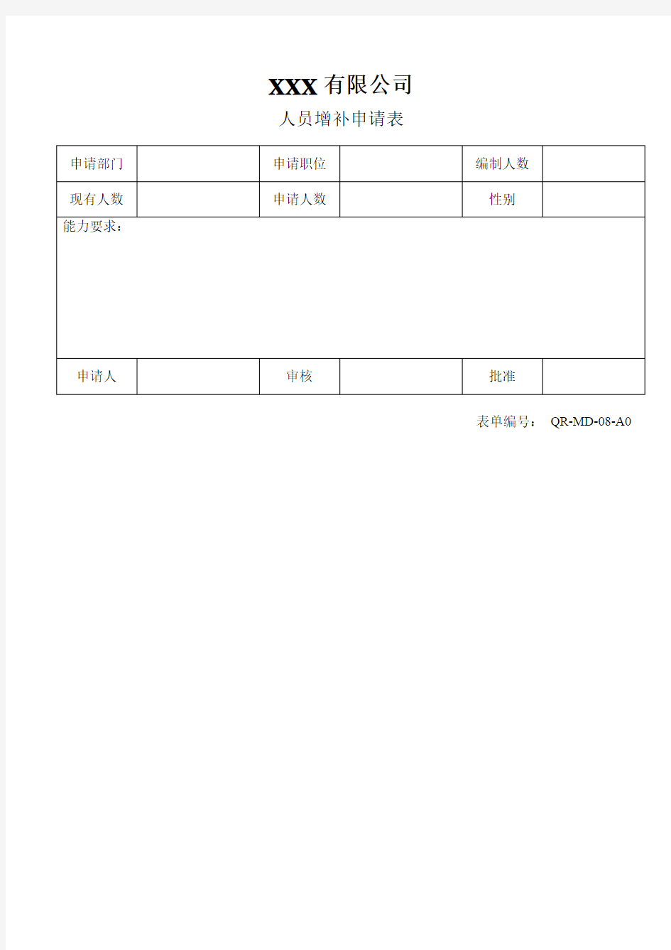 人员增补申请单