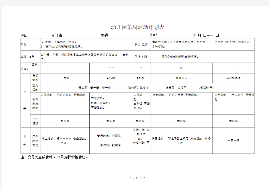 幼儿园周活动计划表模板