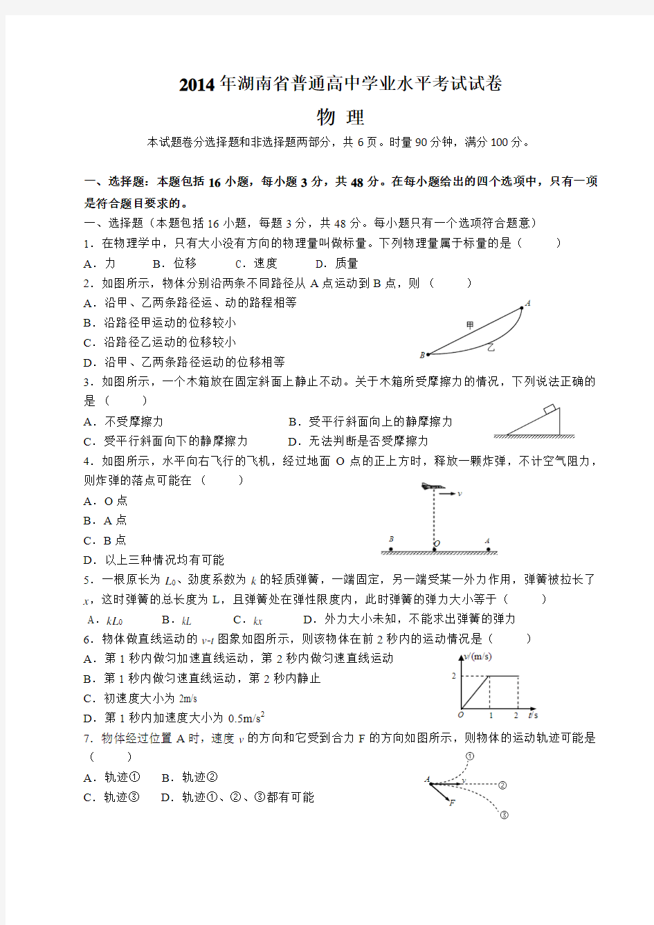 2014年湖南学业水平考试物理真题