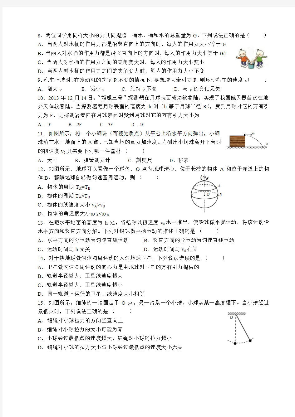 2014年湖南学业水平考试物理真题