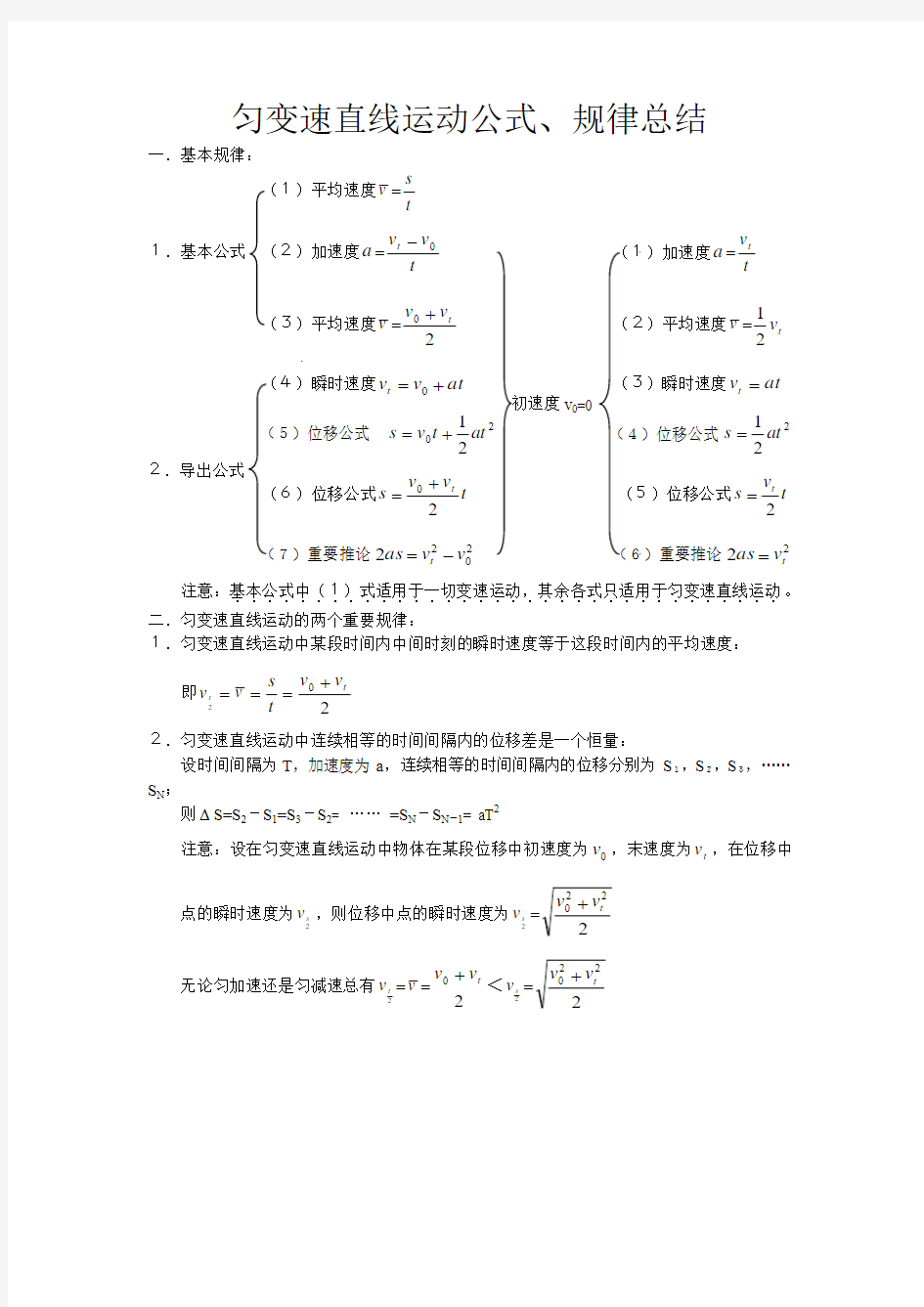 匀变速直线运动公式、规律总结