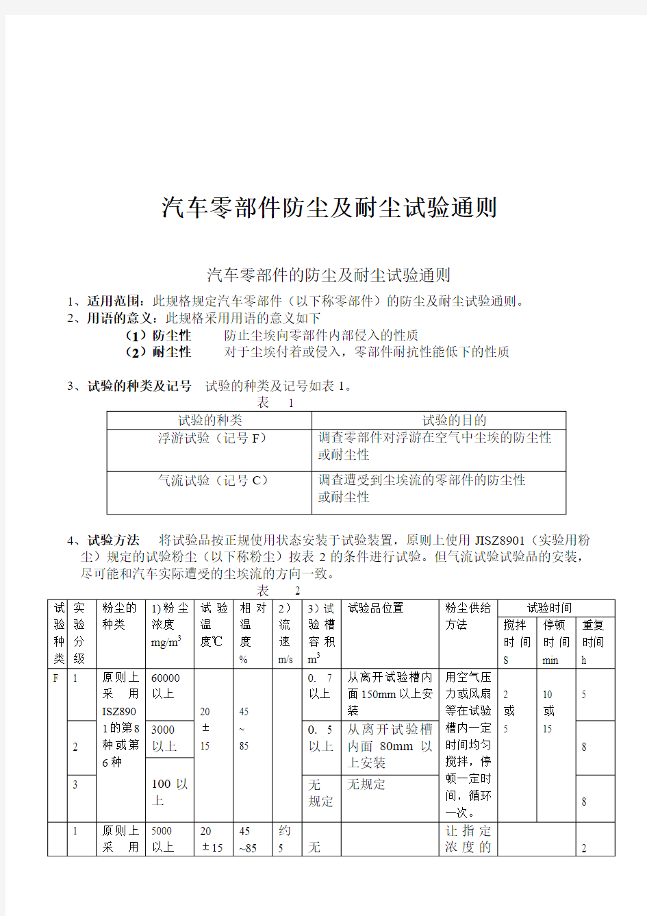 汽车零部件防尘及耐尘试验通则