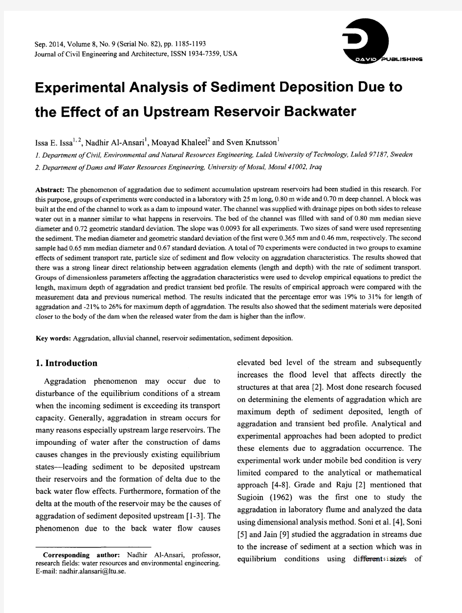 Experimental Analysis of Sediment Deposition Due to the Effect of an Upstream Reservoir Backwater