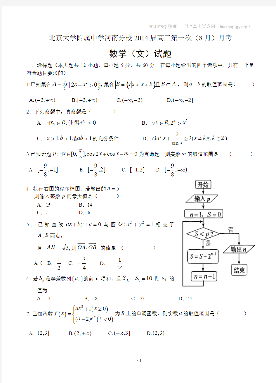 北京大学附属中学河南分校2014届高三第一次月考 数学(文)