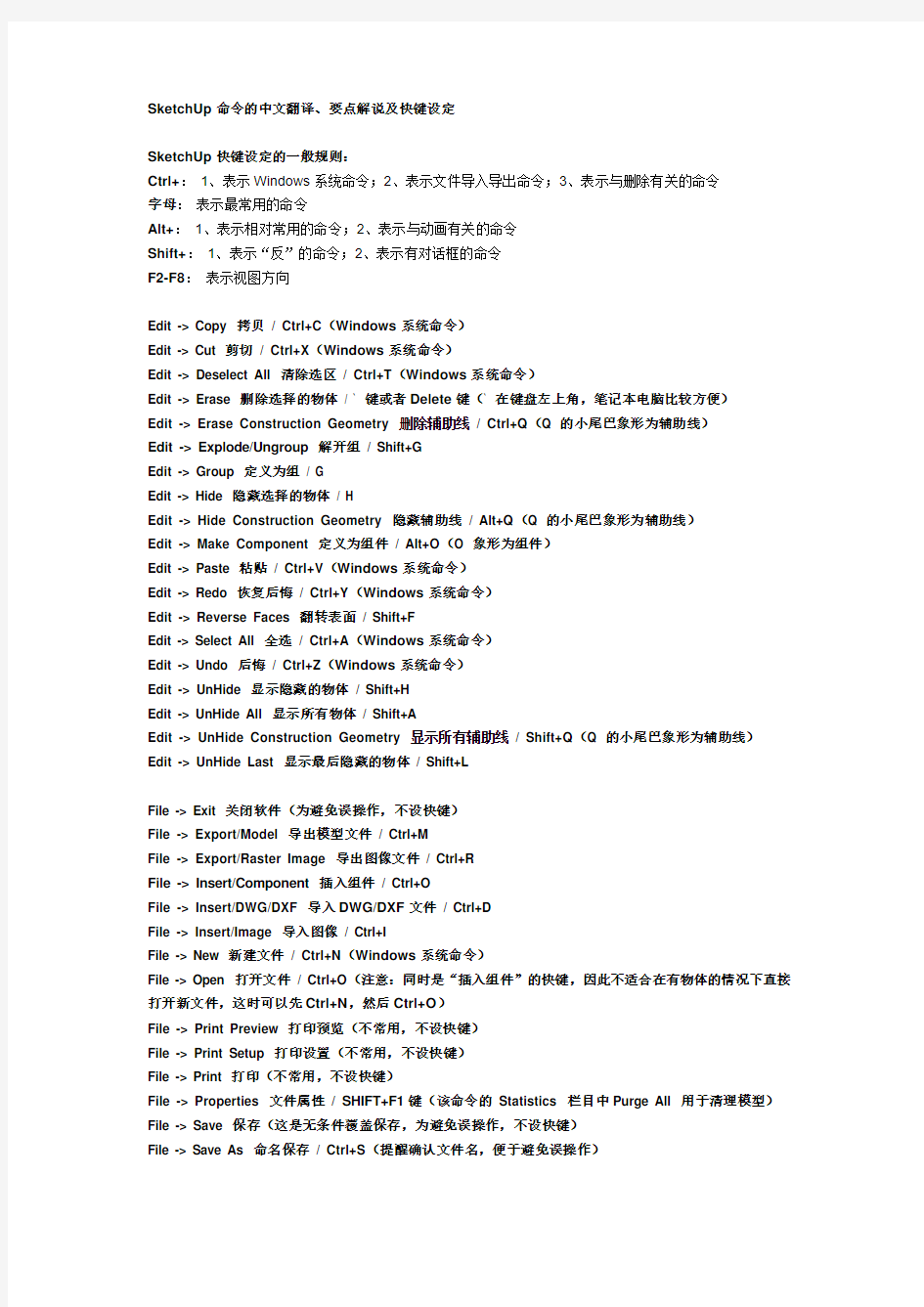 SketchUp命令的中文翻译、要点解说及快键设定