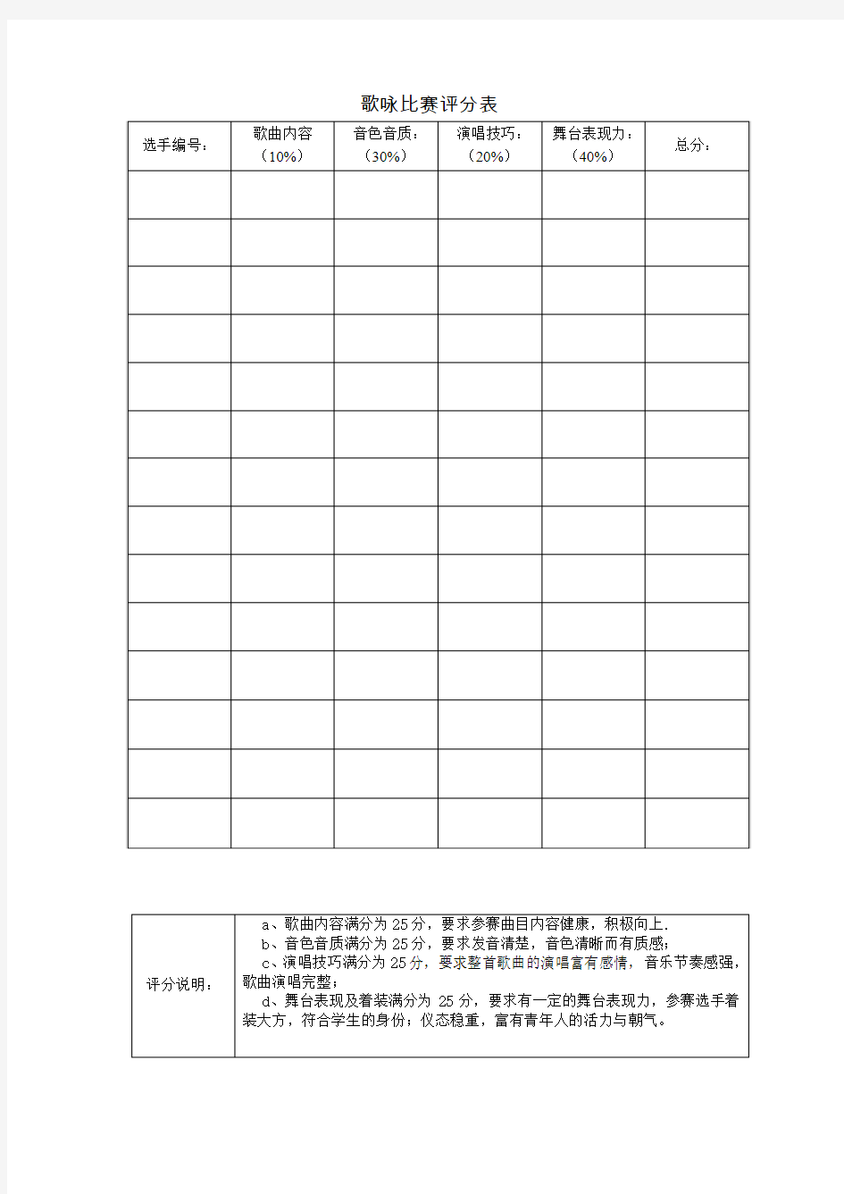 歌唱比赛评分表