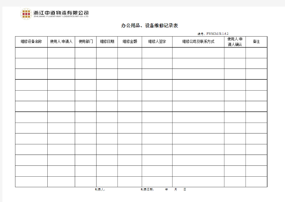 办公用品设备维修登记表