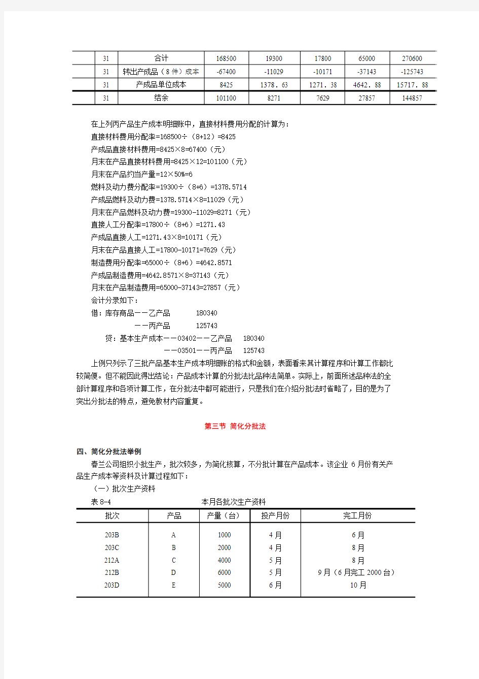 分批法的计算程序及应用实例