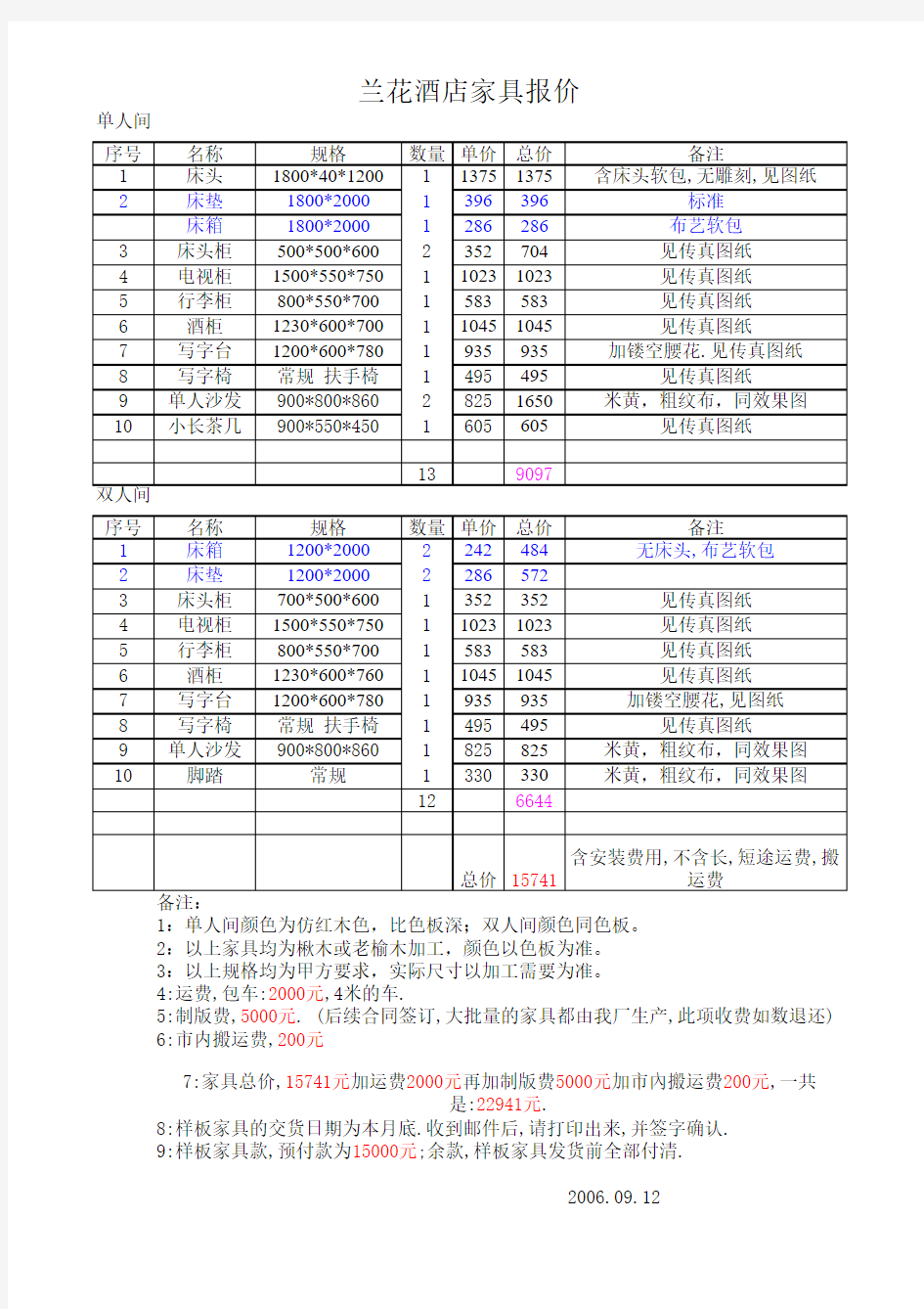 家具报价单