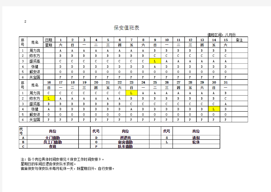 保安值班表