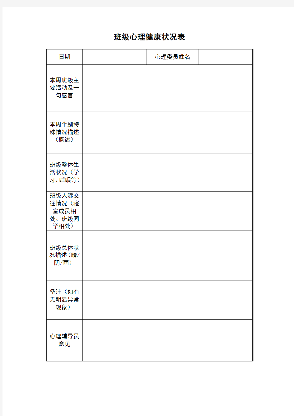 班级心理健康状况表