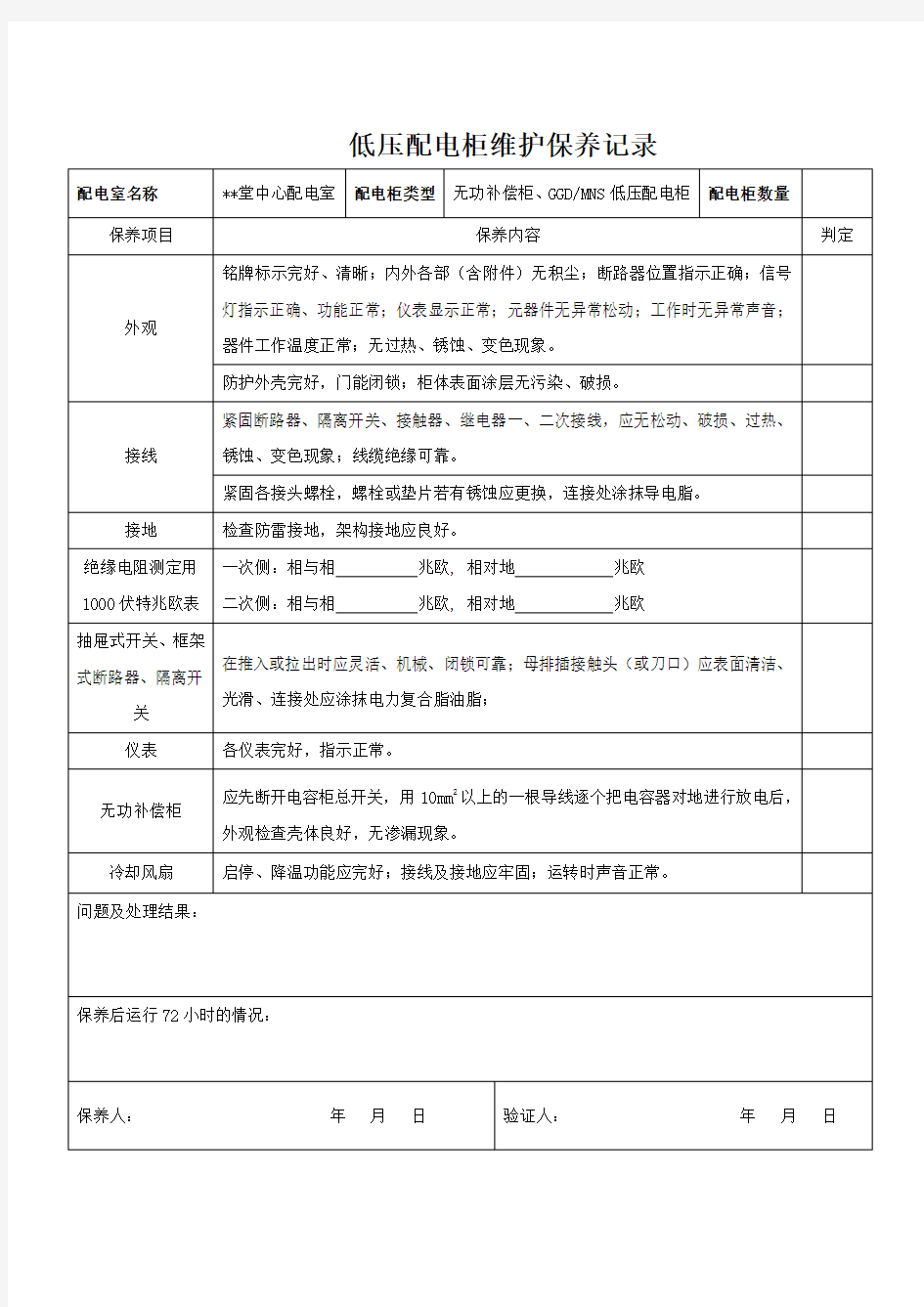 低压配电柜维护保养记录