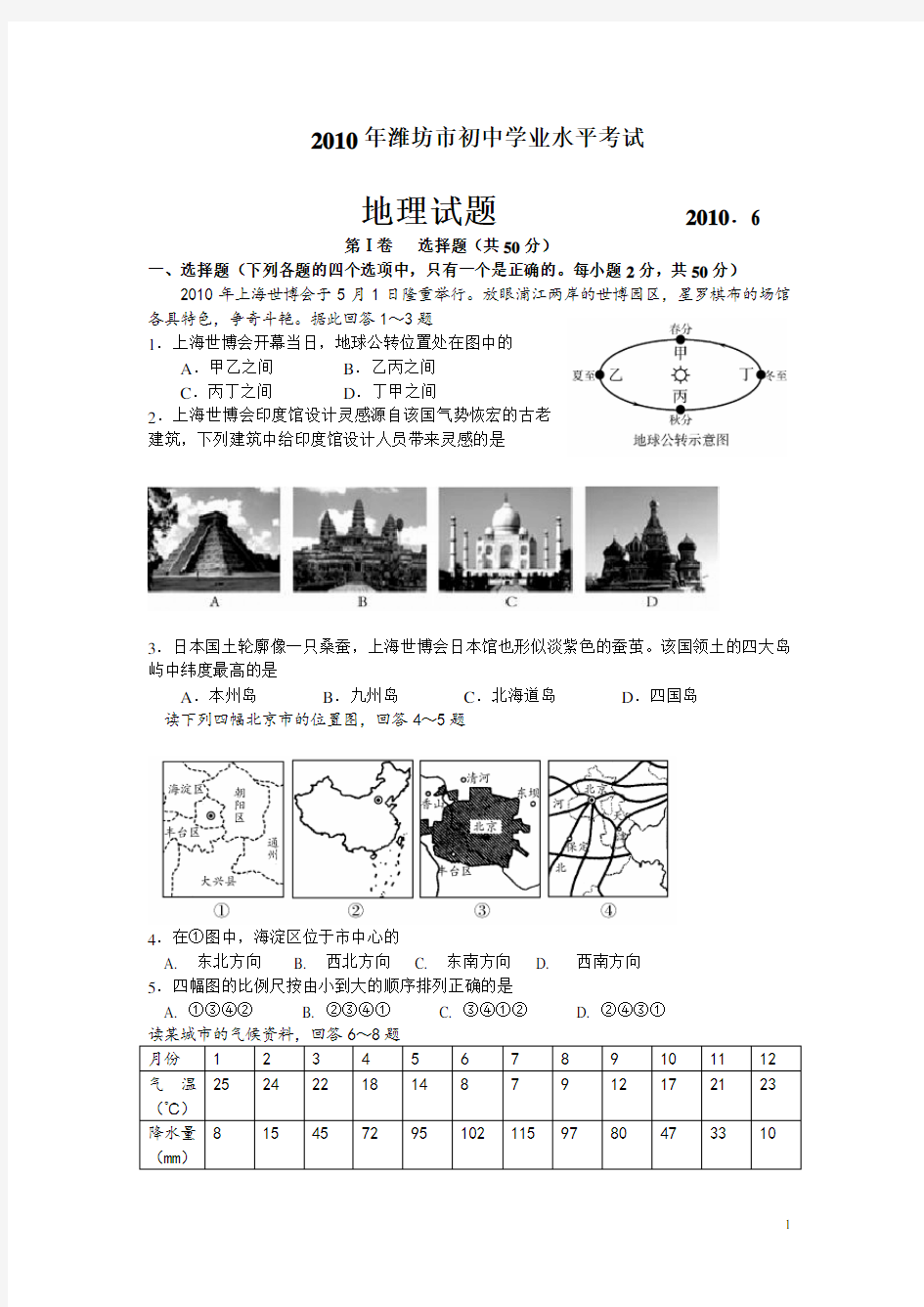 2010潍坊市中考地理试题真题(含答案版)