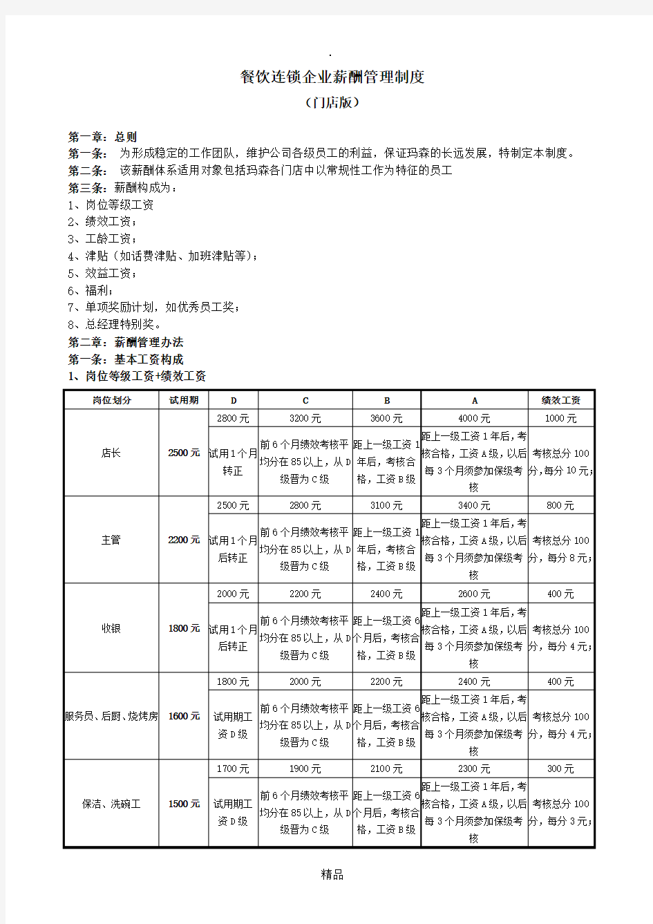 餐饮连锁企业薪酬制度(门店)