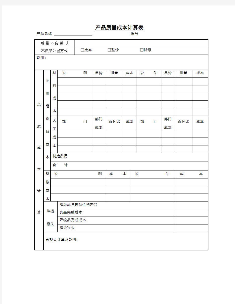 产品质量成本计算表