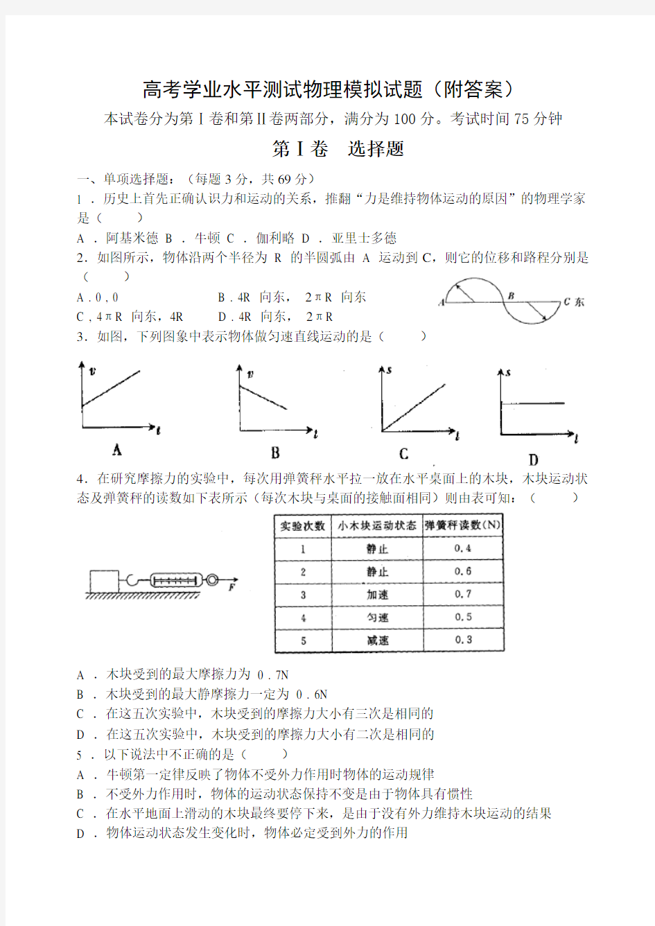 高考学业水平测试物理模拟试题(附答案)