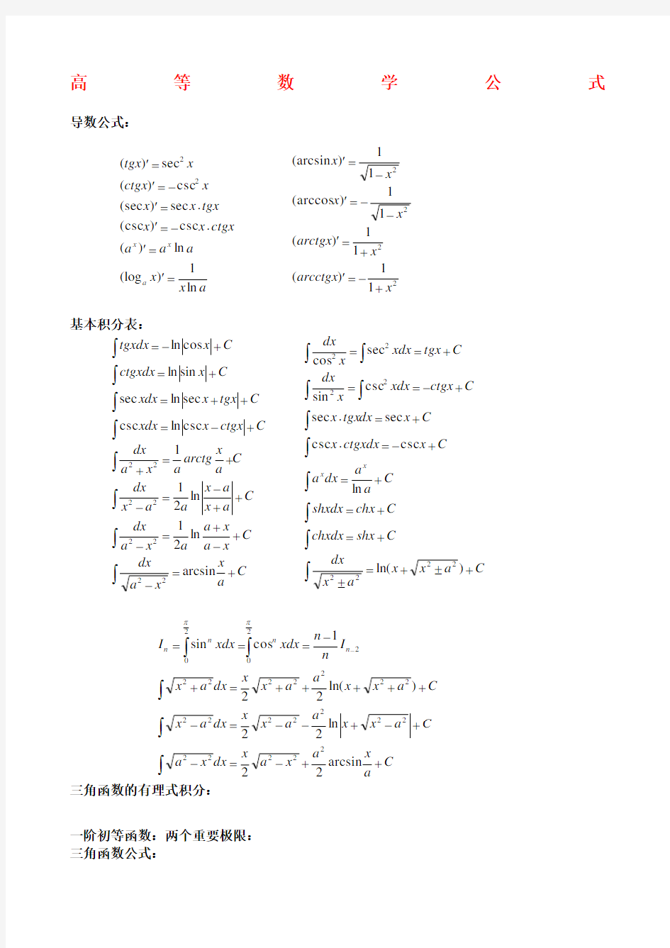 高等数学必背公式大全一目了然版